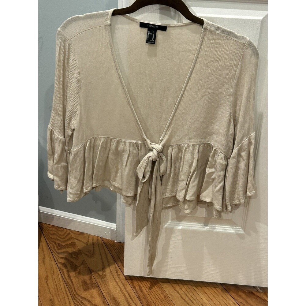Forever 21 Beige Ruffle Cropped Cardigan With Tie Opening Size M